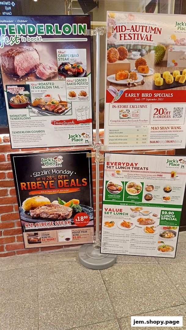 Promotional posters for Jack's Place JEM, featuring steak deals and mooncakes.