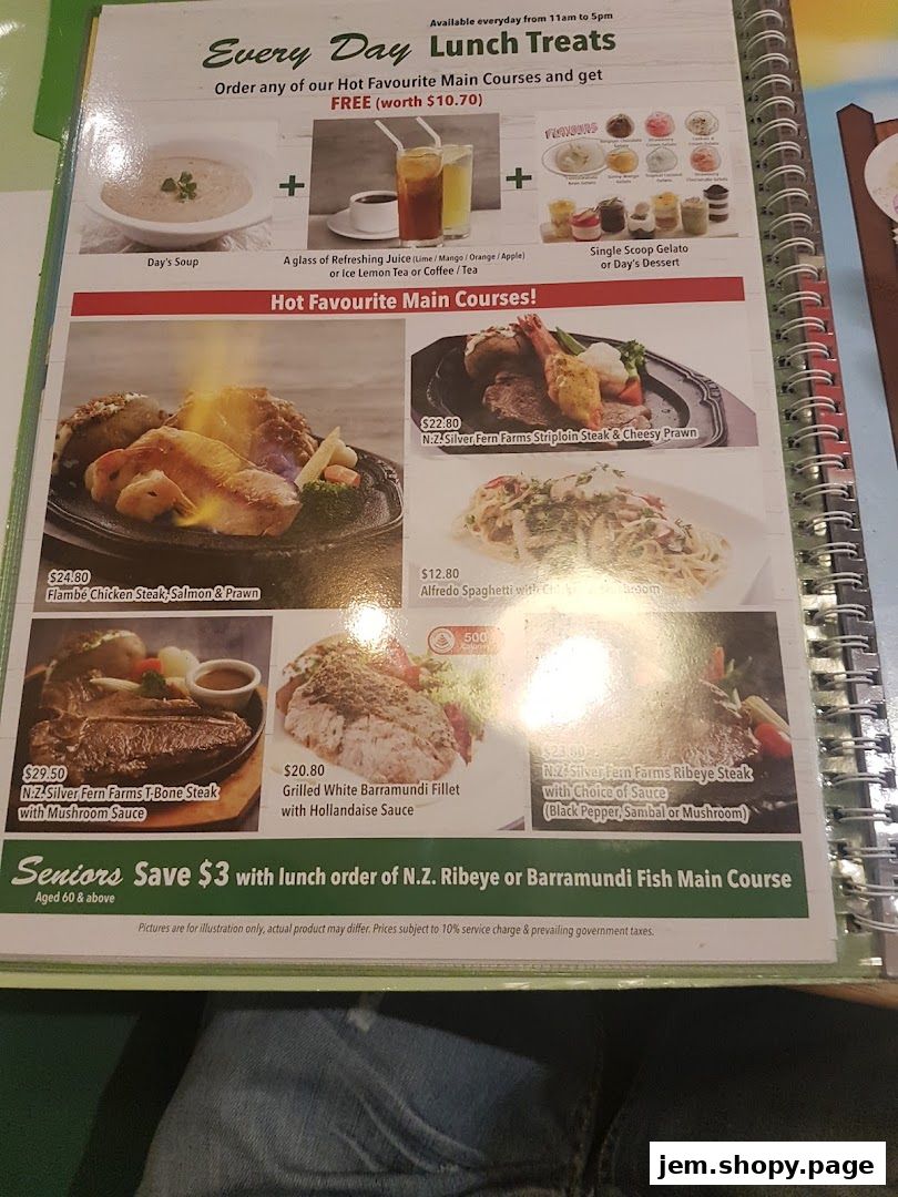 A menu featuring lunch treats, hot favorite main courses, and a senior discount.