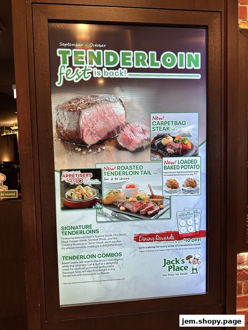 A menu board advertising Jack's Place Tenderloin Fest with various steak and side dish options.