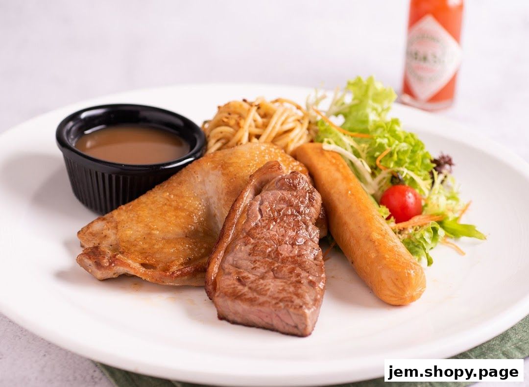 A plate of steak, chicken, sausage, spaghetti, salad, and gravy.