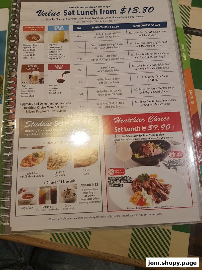 A menu showcasing value set lunches, student sets, and healthier choices with various meal options.