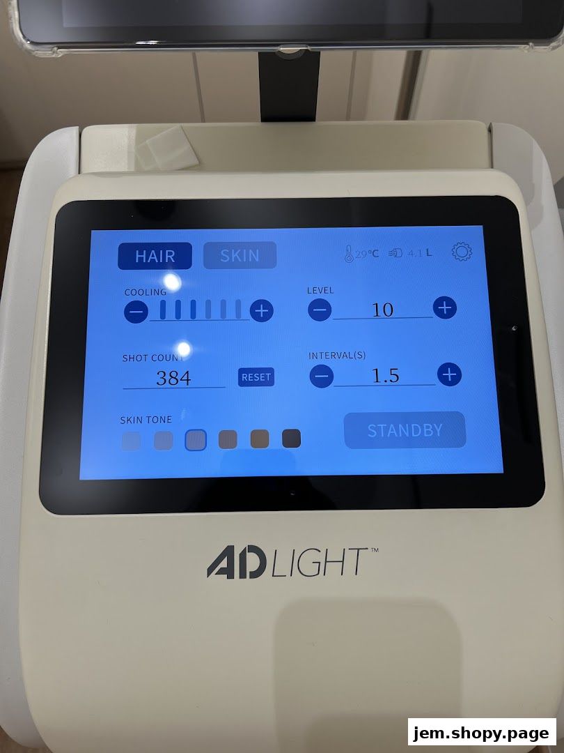 Close-up of a modern beauty treatment machine interface with hair and skin treatment options.