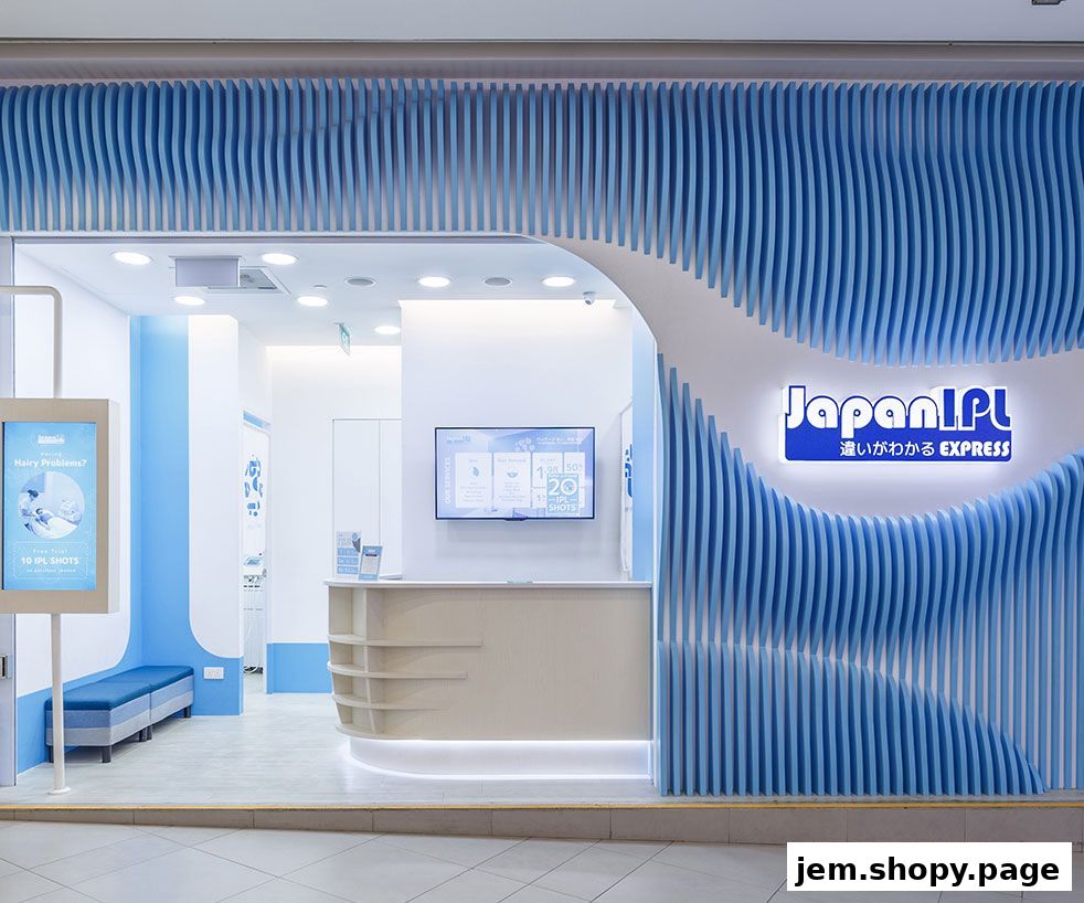 The modern entrance of Japan IPL Express with blue wave-like decor and a reception desk.
