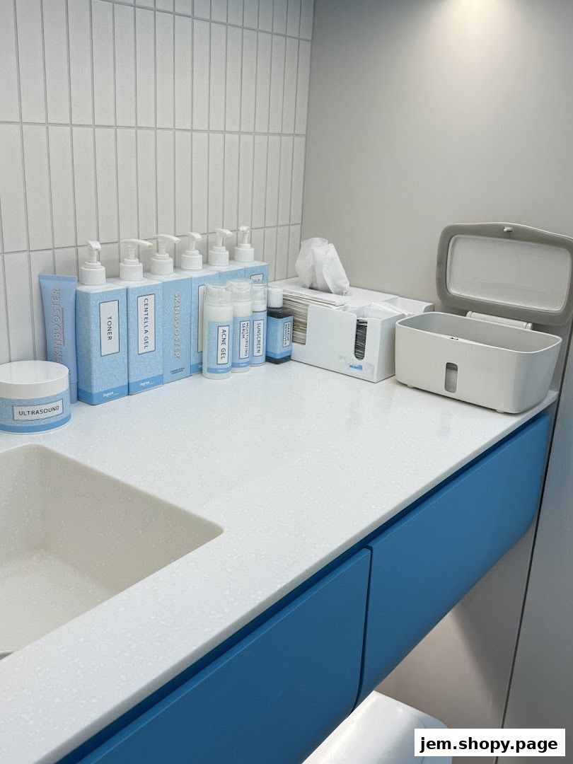 A clean counter with various skincare products and a sink.