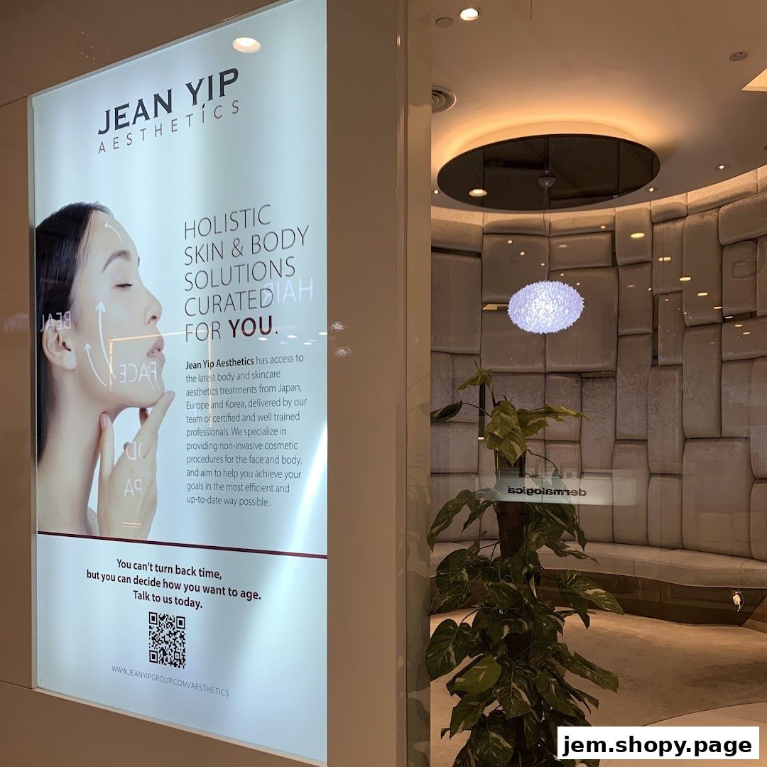 A glowing advertisement for Jean Yip Aesthetics showcasing holistic skin and body solutions.