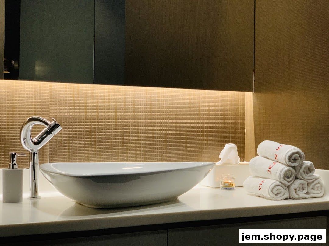 A modern bathroom vanity with a sleek faucet, basin, and neatly rolled towels.