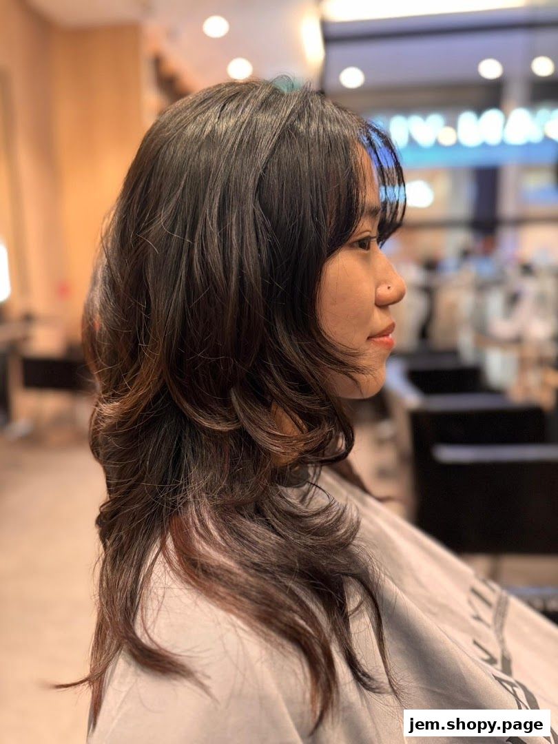 A woman with layered brown hair styled in a salon.