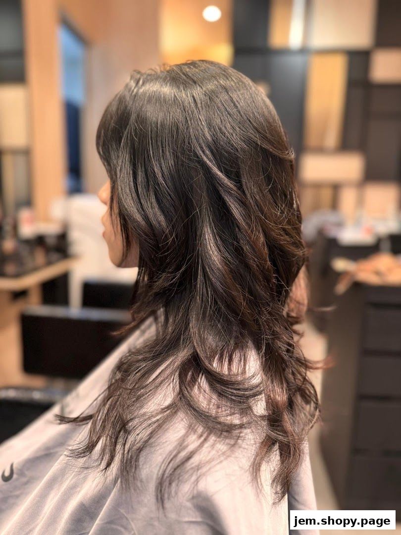 A woman's dark, layered hair styled with soft waves, draped in a salon cape.