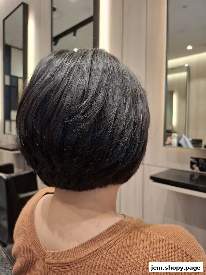 A person with a stylish bob haircut in a modern salon setting.