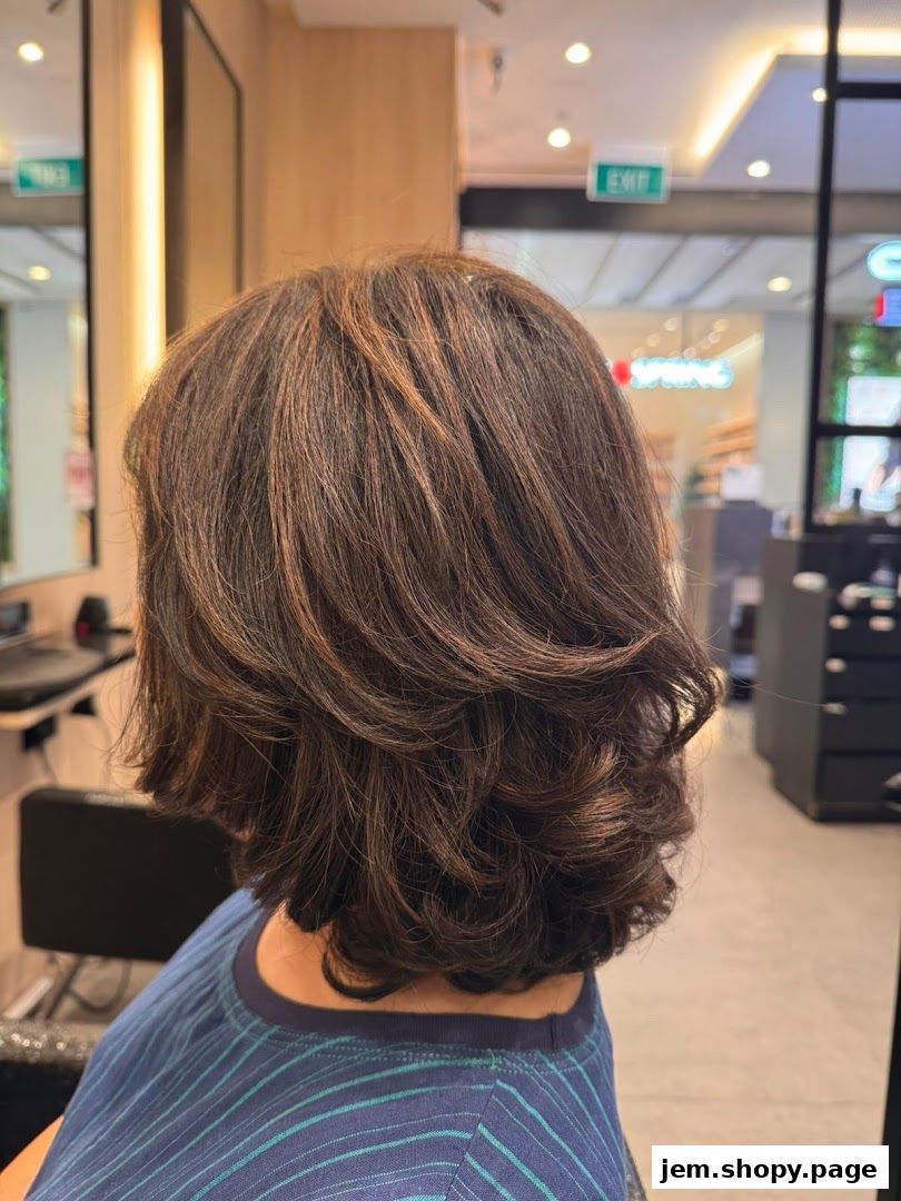 A woman with a stylish layered bob haircut with subtle highlights.