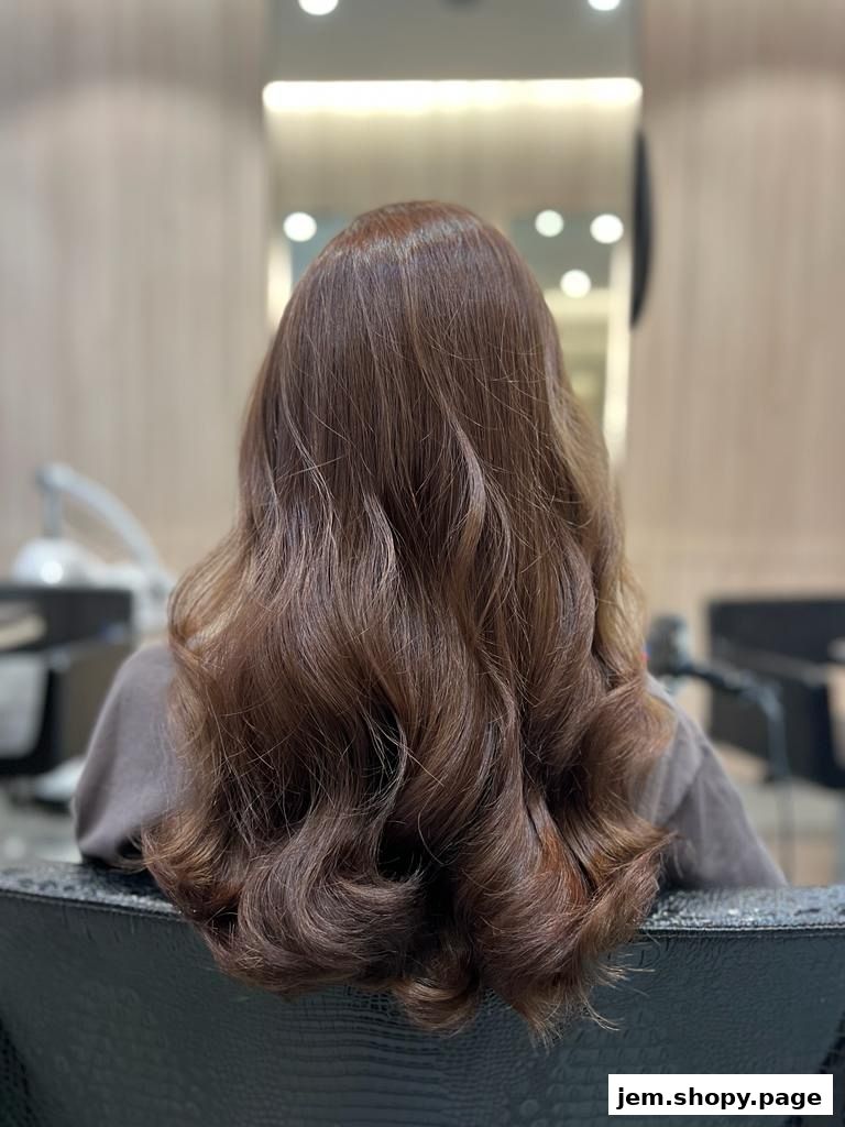 Back view of a person with long, wavy, brown hair styled in a salon.