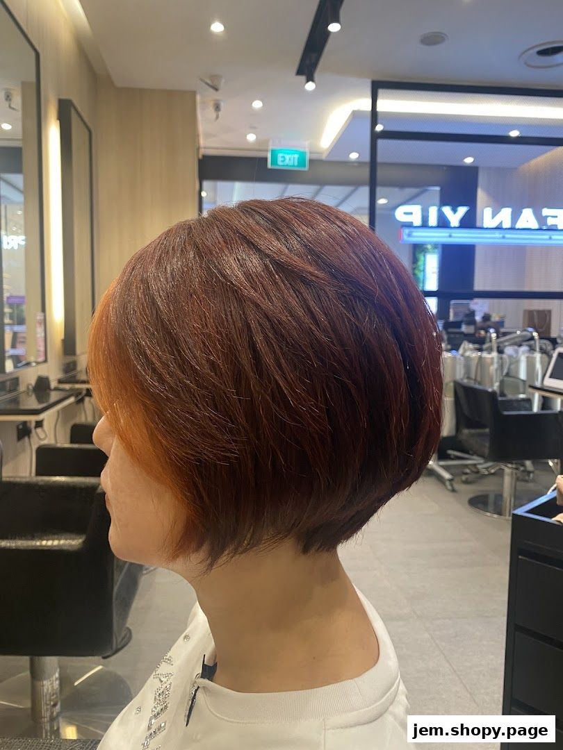 A woman with a stylish bob haircut with reddish-brown tones and subtle orange highlights.