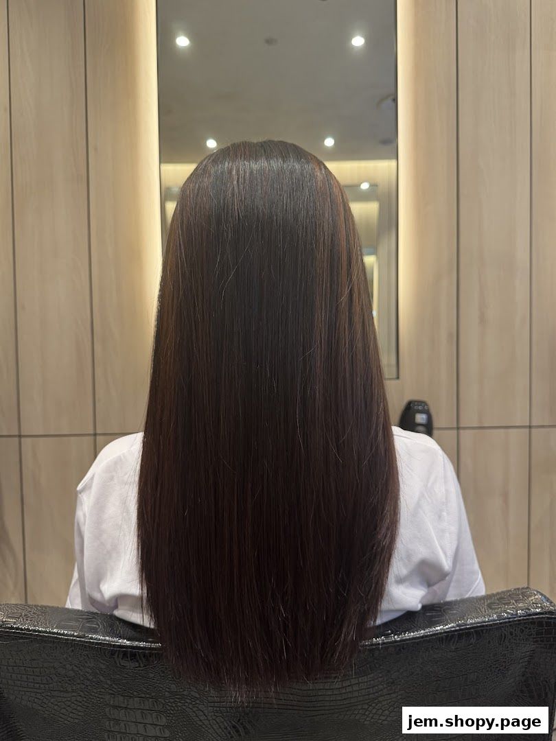 Back view of a person with long, dark, straight hair in a salon chair.