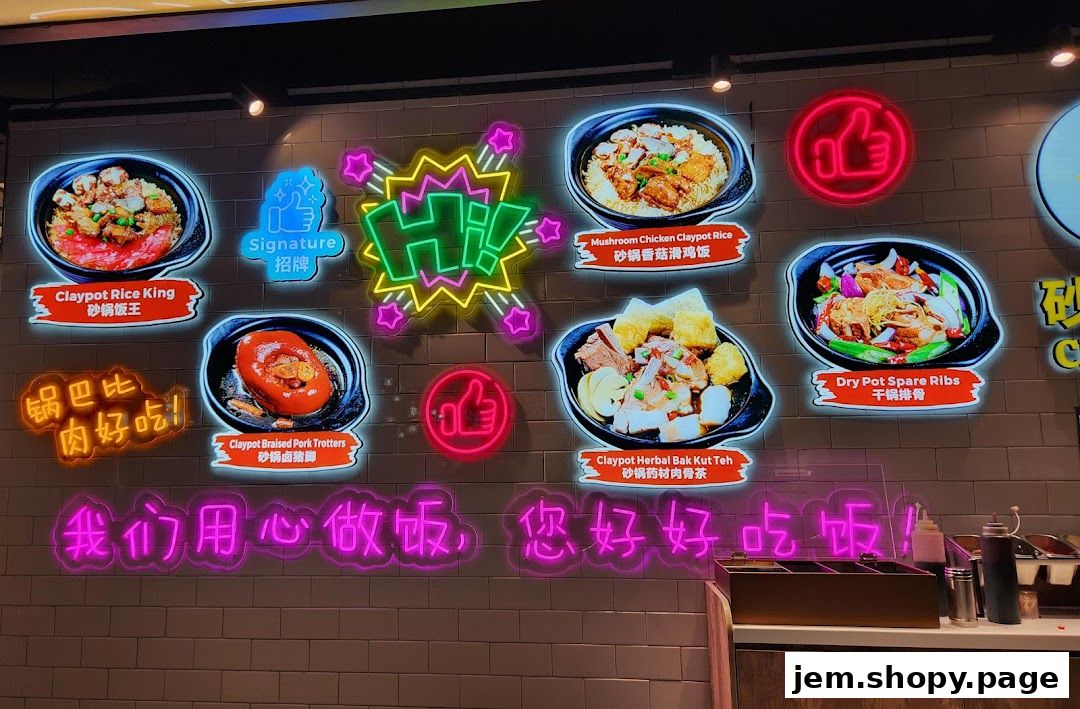 A wall display at JEM Kopitiam Lao Fan Ji featuring neon signs and images of claypot dishes.