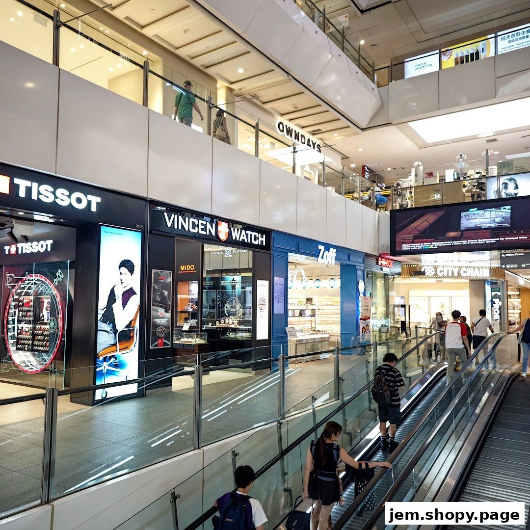 A shopping mall interior with various retail stores, including watch shops and an optical store.