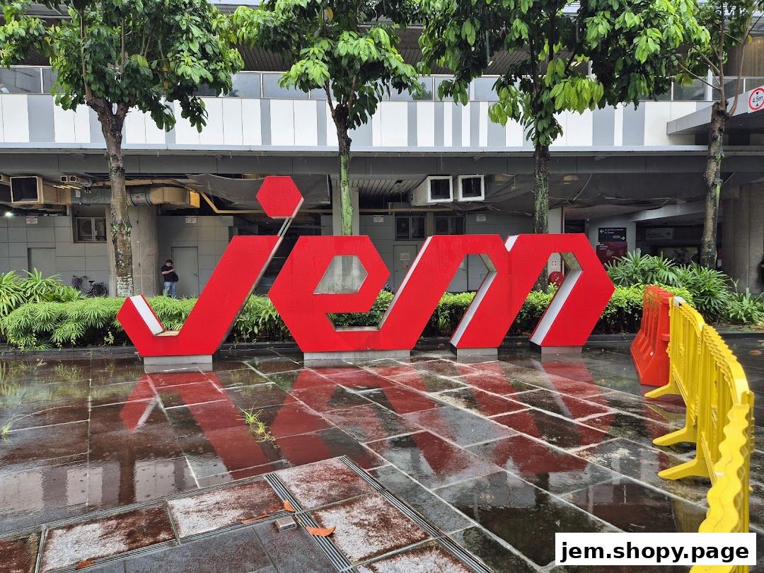 Large red 'Jem' signage in front of a building with trees and wet pavement.
