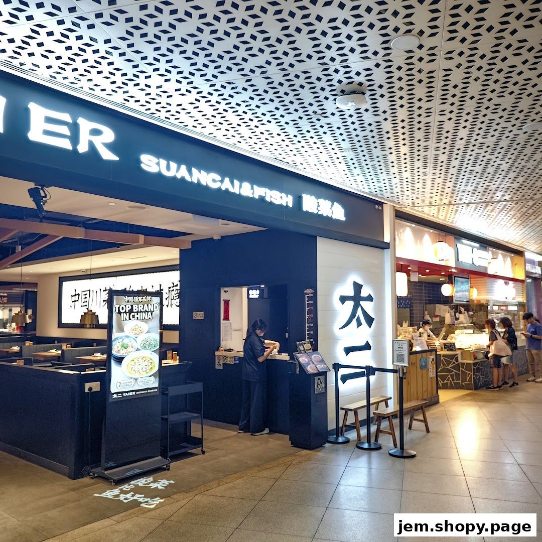 The exterior of a restaurant called 'SUANCAI&FISH' with a sign indicating it's a top brand in China.