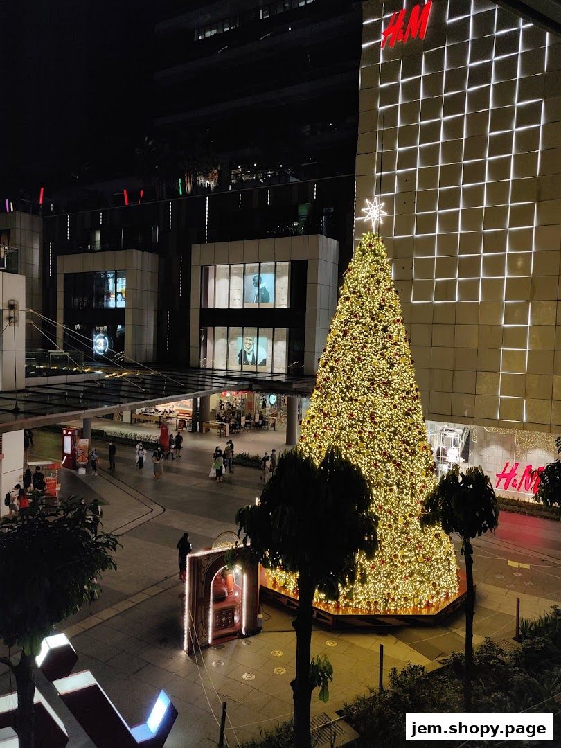 A large, illuminated Christmas tree stands in front of an H&M store at night.