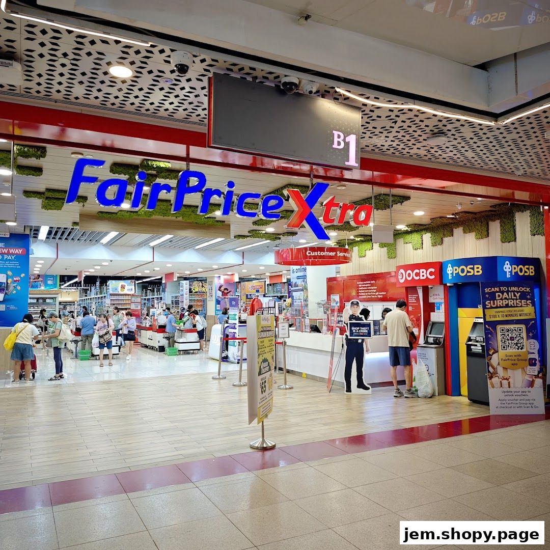 The entrance of a FairPrice Xtra supermarket with a customer service counter and ATMs.