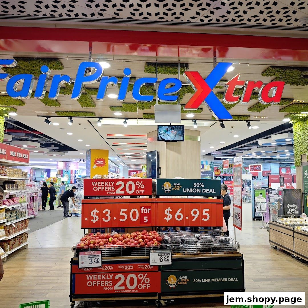 Interior view of a FairPrice Xtra supermarket with produce and promotional signs.