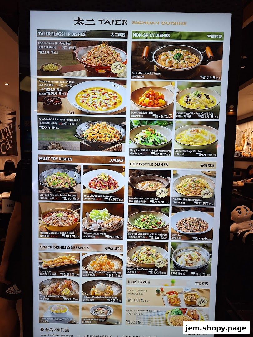 A menu board for Taier Sichuan Cuisine, showcasing various dishes with images and prices.