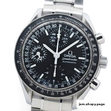 Close-up of an Omega Speedmaster Automatic watch with a black dial and tachymeter bezel.
