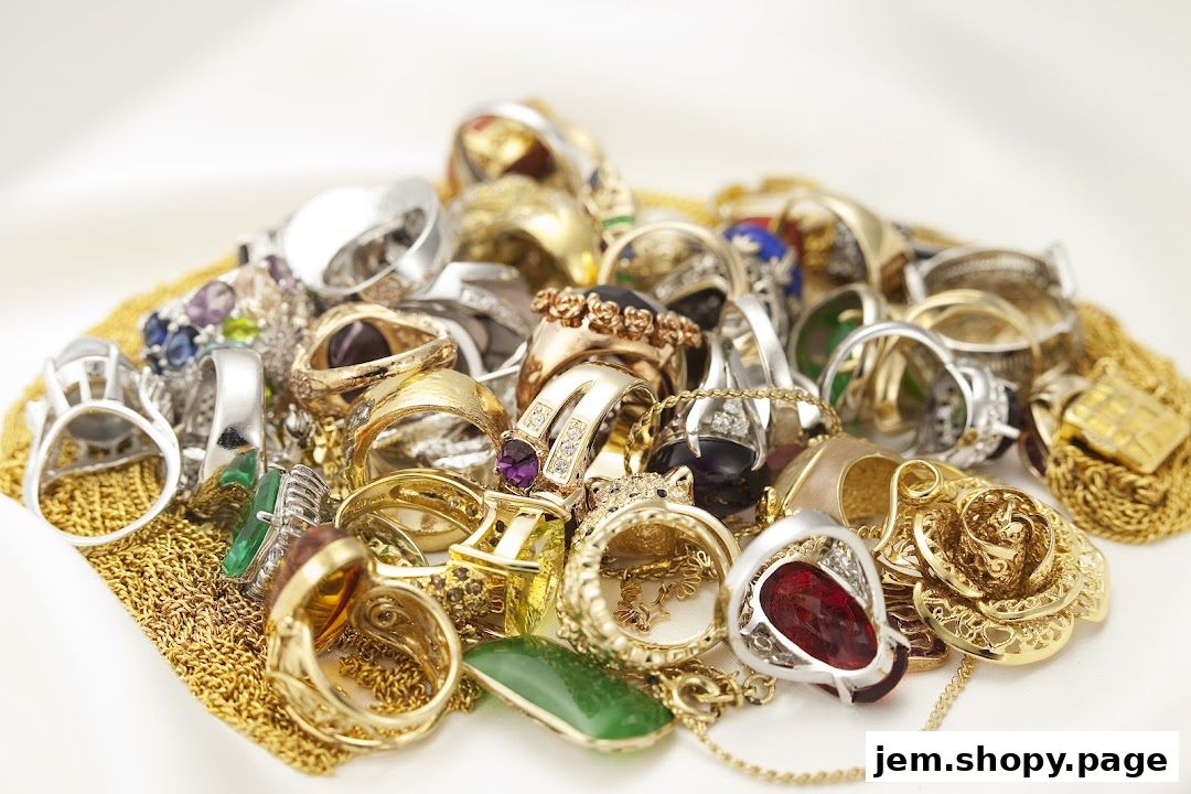 A close-up shot of a luxurious collection of gold and silver rings and necklaces.