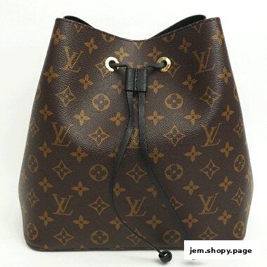 A Louis Vuitton monogram bucket bag with black leather drawstring closure.