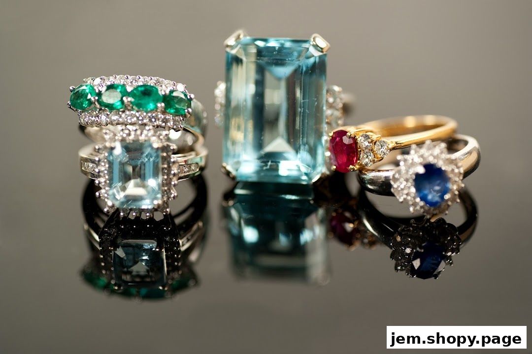 A collection of exquisite rings featuring diamonds, emeralds, aquamarines, and rubies on a reflective surface.