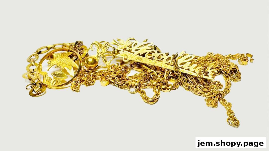 A collection of ornate gold necklaces and pendants, featuring intricate designs and chains.