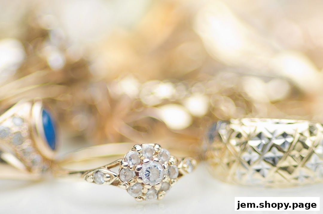 Close-up of sparkling gold rings with diamonds and a blue gemstone.