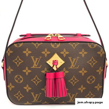 A close-up of a Louis Vuitton monogram canvas camera bag with pink leather trim and tassels.