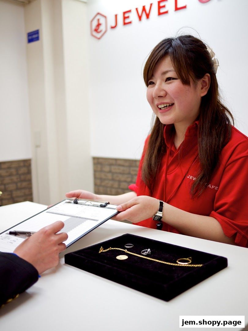 A smiling employee at Jewel Cafe assists a customer with paperwork and jewelry.