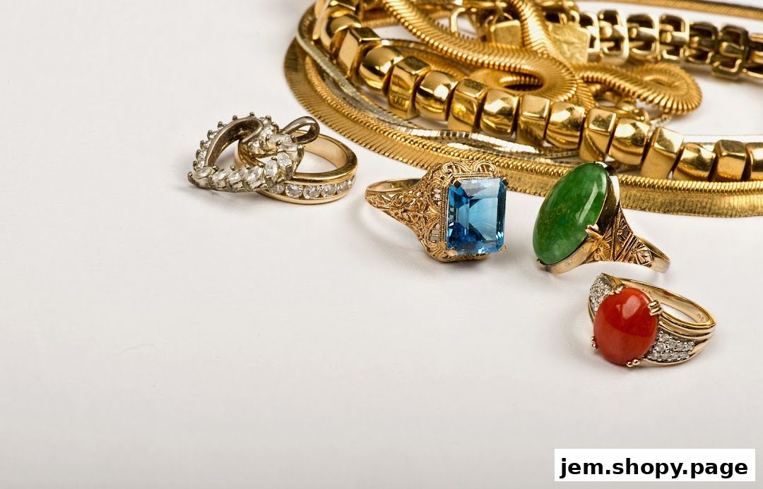 A collection of exquisite gold jewelry, including rings with gemstones and diamond accents.