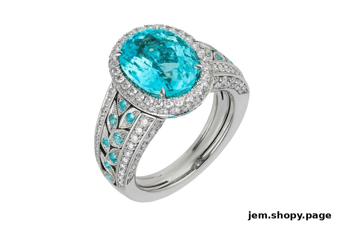 A stunning ring with a large oval blue gemstone surrounded by diamonds.