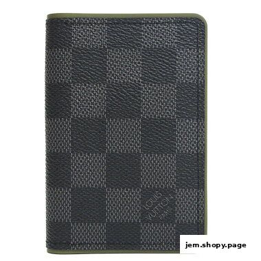A close-up of a Louis Vuitton Damier Graphite canvas card holder.