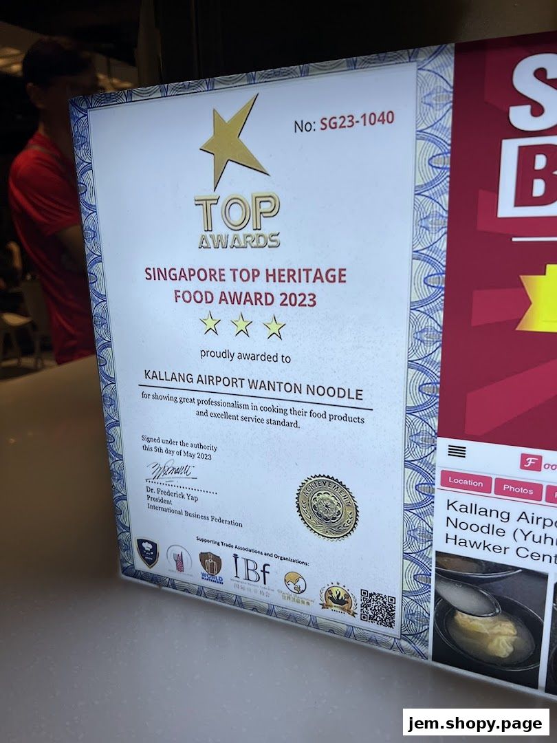 Award certificate for Kallang Airport Wanton Noodle, recognizing their Singapore Top Heritage Food Award 2023.