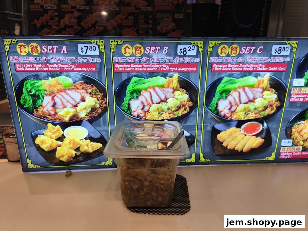 A menu board displaying three sets of wanton noodles with prices and descriptions.