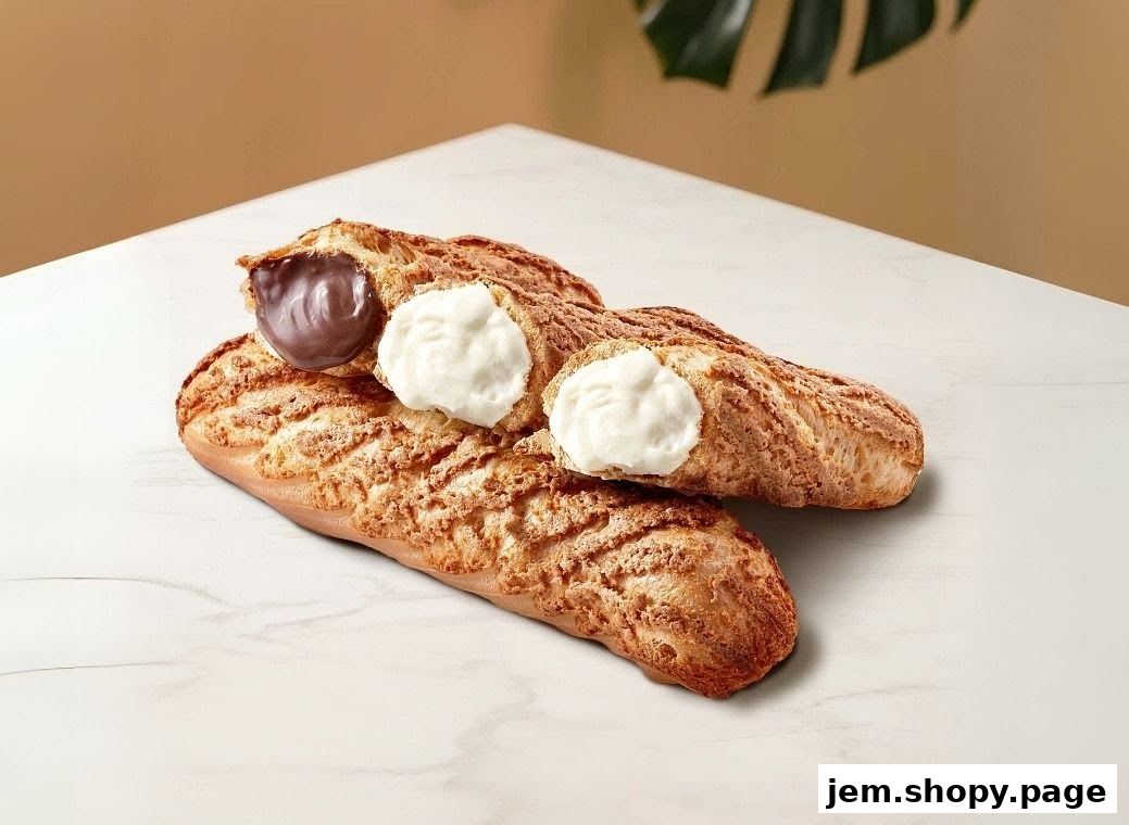 Two eclairs, one filled with chocolate and the other with cream, on a marble surface.