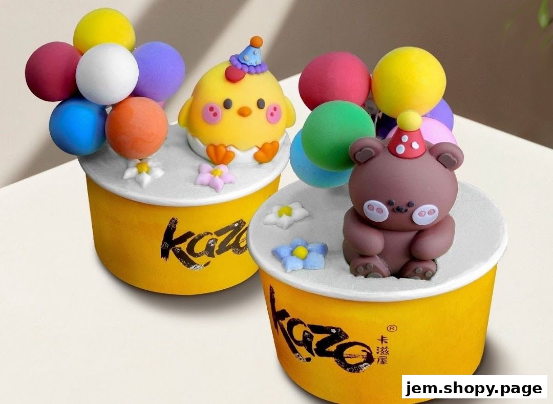 Two decorative containers with cute animal figures and balloons, branded Kazo.