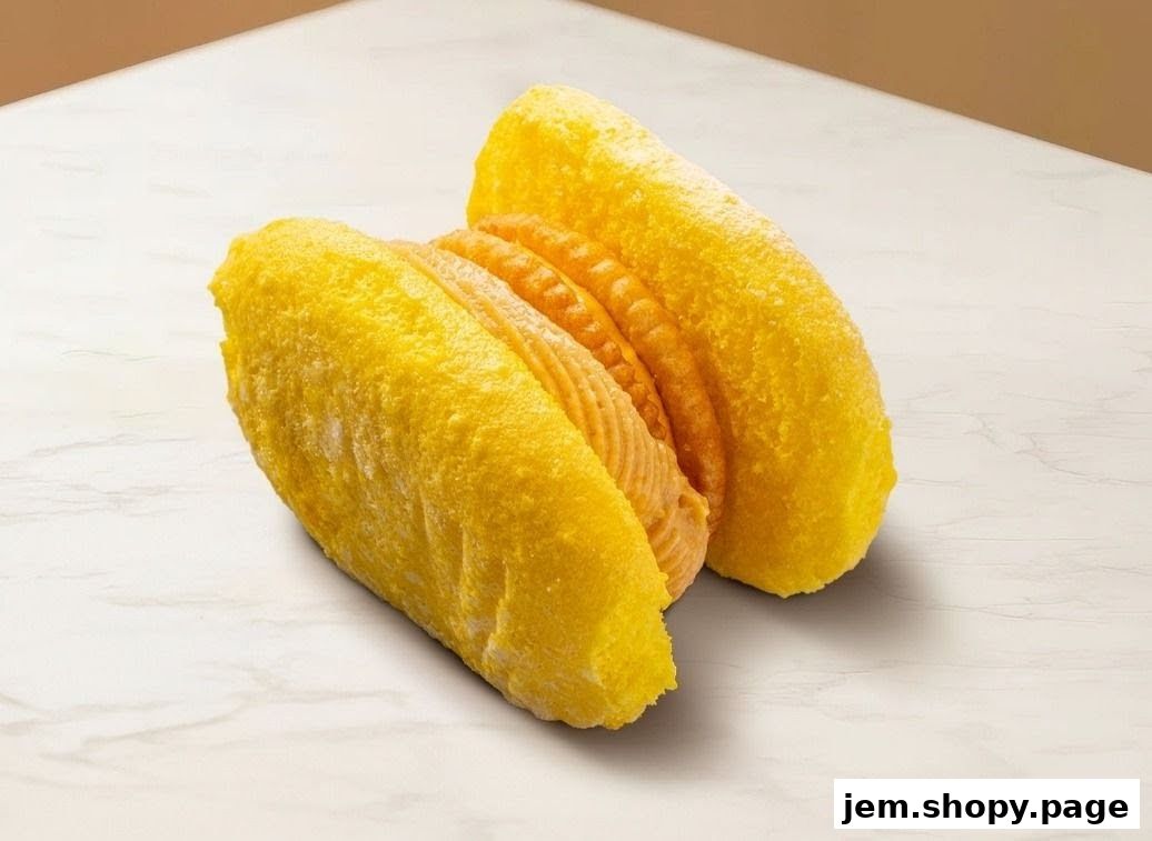 A close-up shot of a bright yellow pastry with a textured orange filling.
