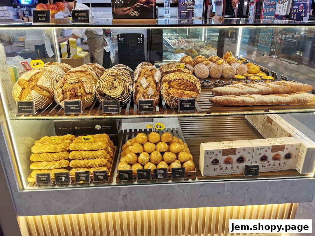 A display of freshly baked bread, pastries, and mochi at a bakery.