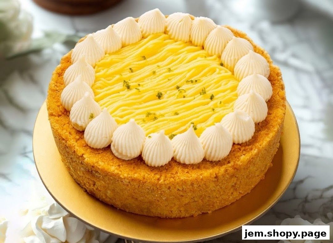 A close-up of a lemon tart with piped cream frosting and a crumb crust.