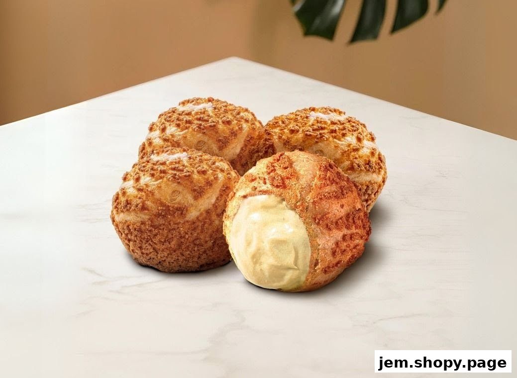 A close-up of four cream-filled choux pastries with a crunchy topping.