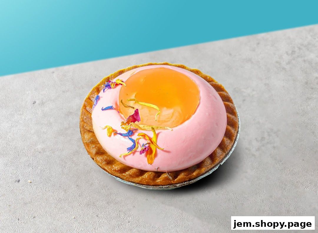 A close-up of a pink tart with an orange jelly dome and edible flowers.