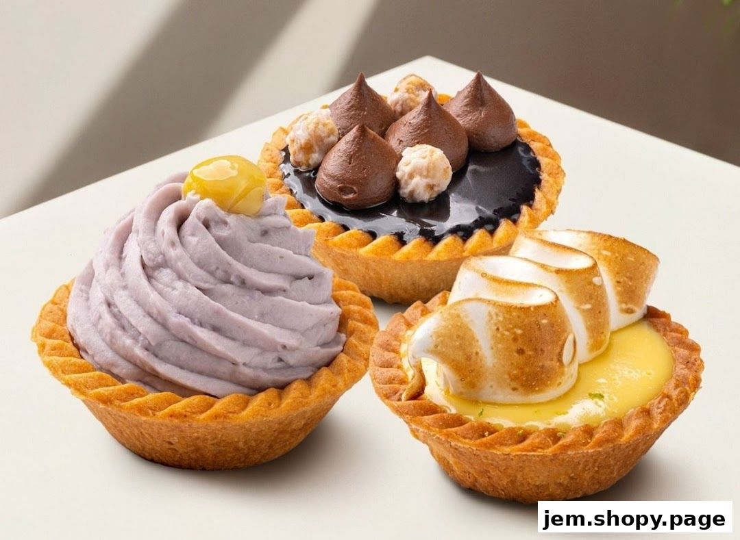 Three delicious tarts: purple sweet potato, chocolate, and lemon meringue.