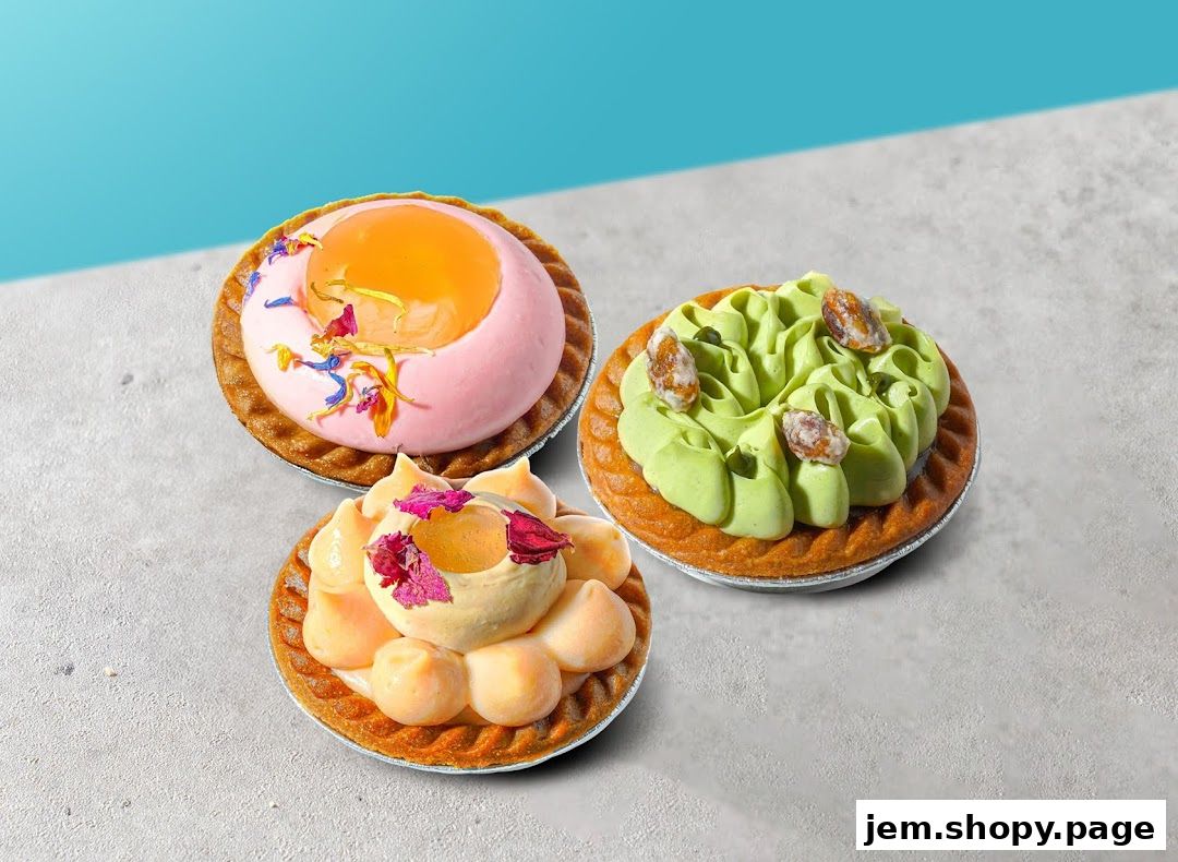 Three beautifully decorated tarts with fruit and cream toppings on a textured surface.