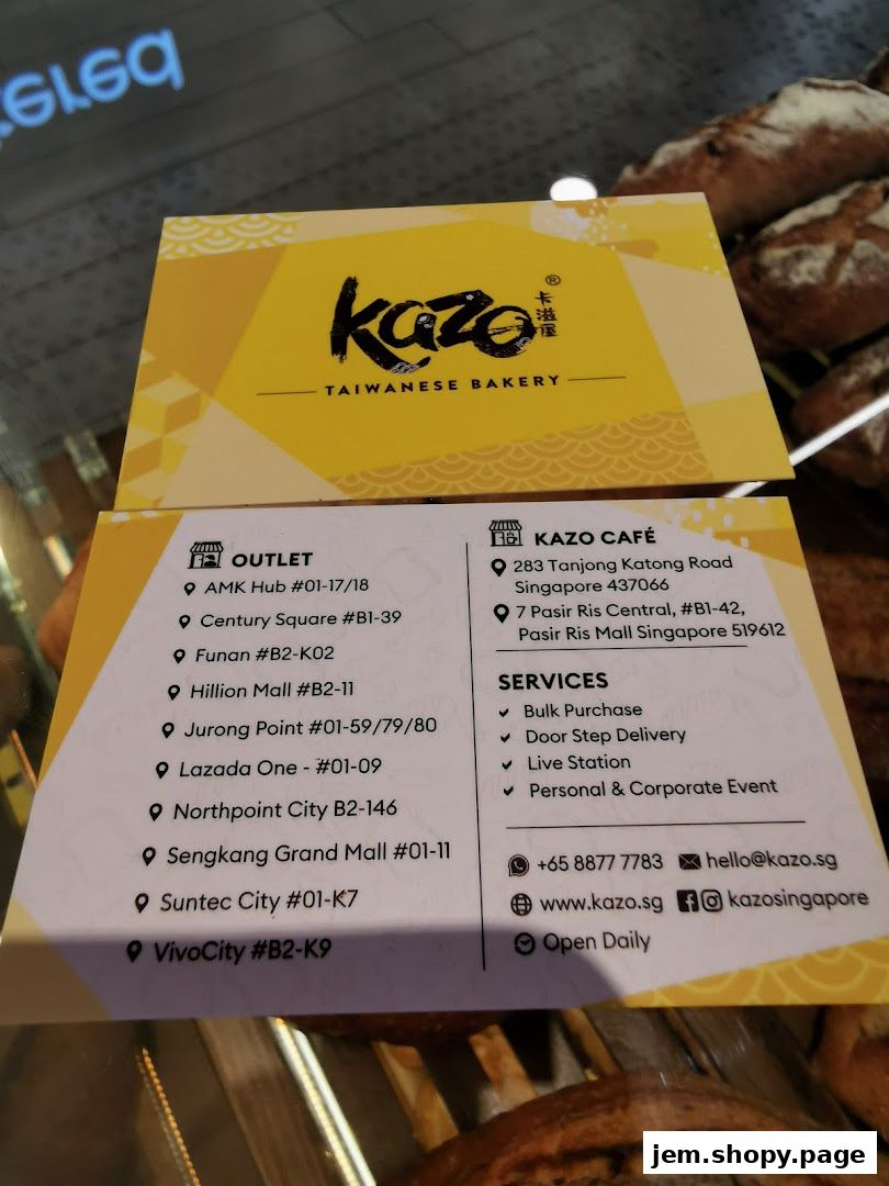 A business card for Kazo Taiwanese Bakery listing outlets and cafe information.