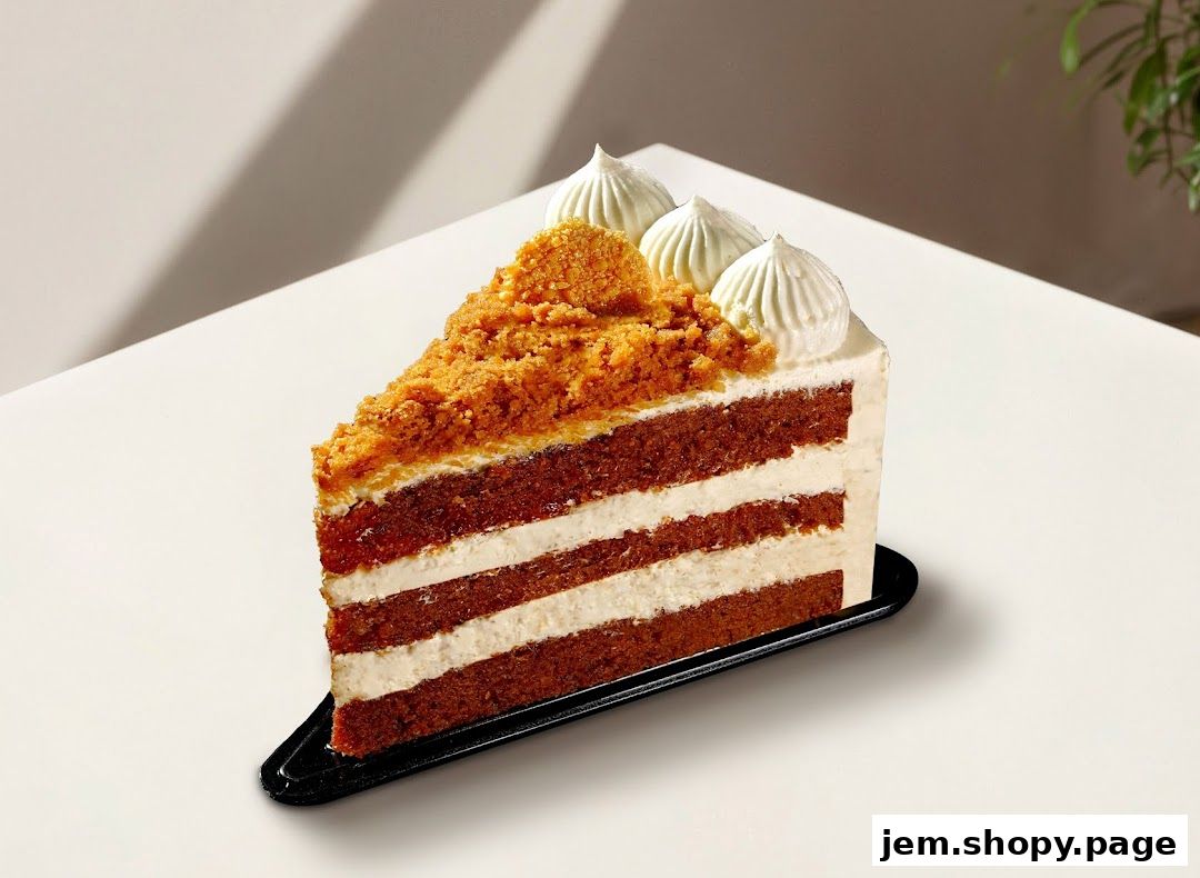 A slice of layered cake with cream frosting and crumb topping sits on a white table.