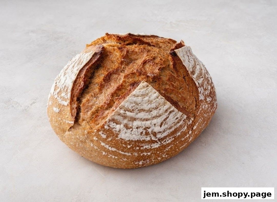 A close-up shot of a rustic, round loaf of bread with a golden-brown crust.